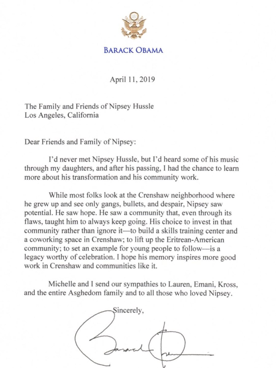 Letter From Barack Obama For Nipsey Hussle Memorial