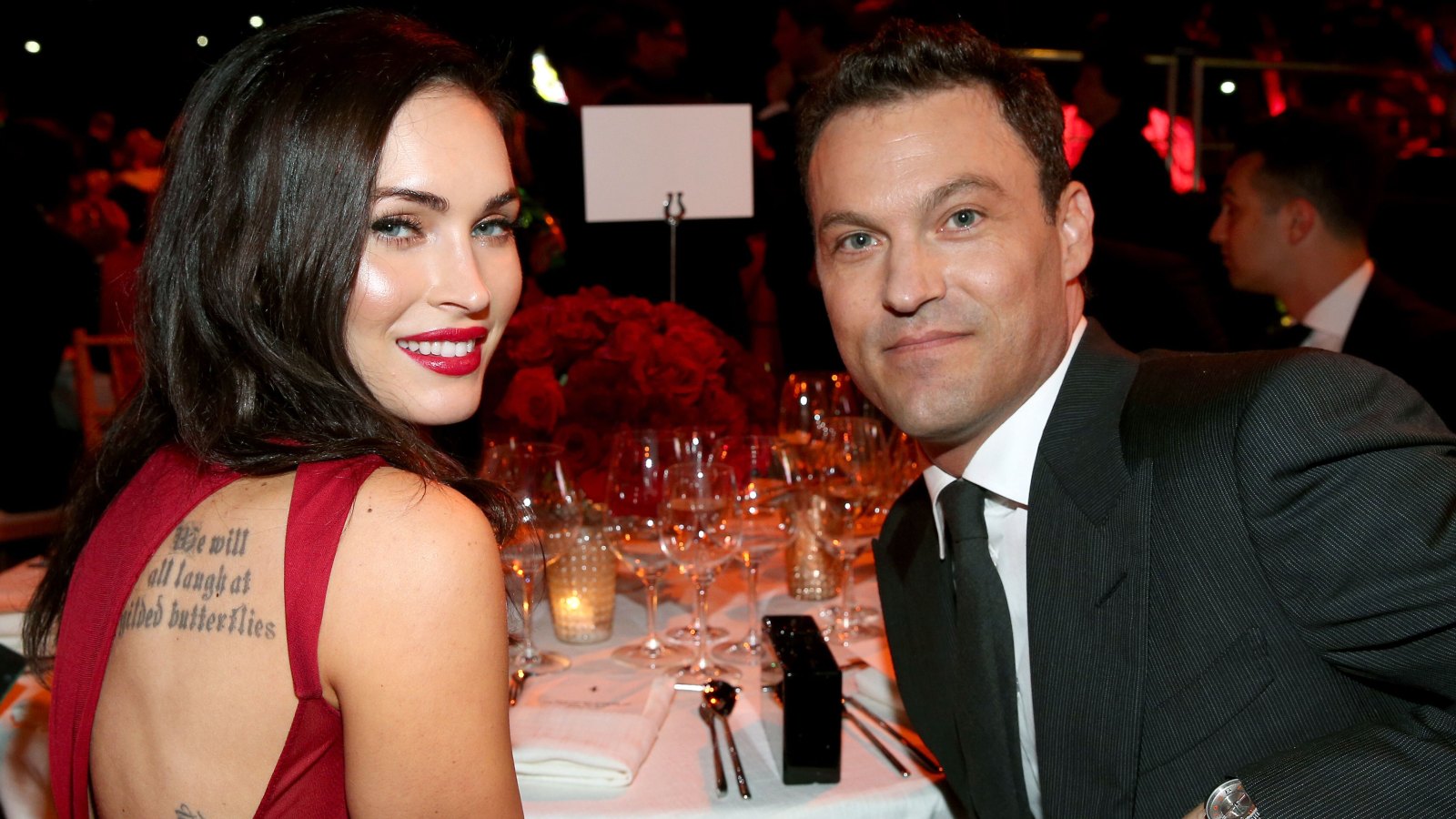 Megan Fox Reportedly Files to Dismiss Brian Austin Green Divorce Red Dress Gray suit Ferrari Celebrates 60 Years In America