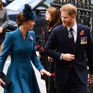 Prince Harry and Duchess Kate Make Joint Appearance at Westminster Abbey Smiling Blue Dress Navy Suit