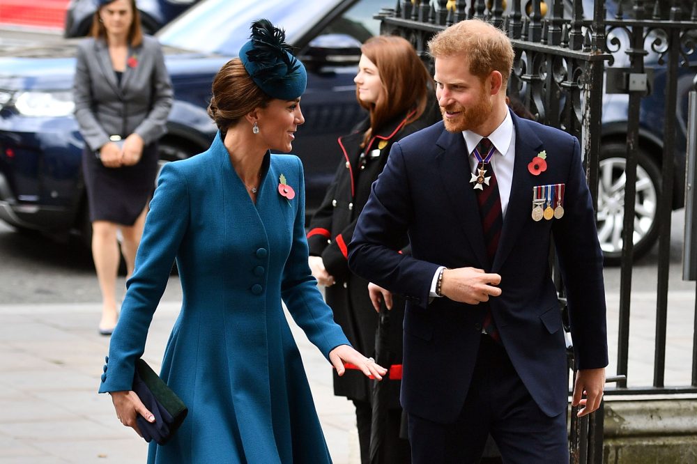 Prince Harry and Duchess Kate Make Joint Appearance at Westminster Abbey Smiling Blue Dress Navy Suit
