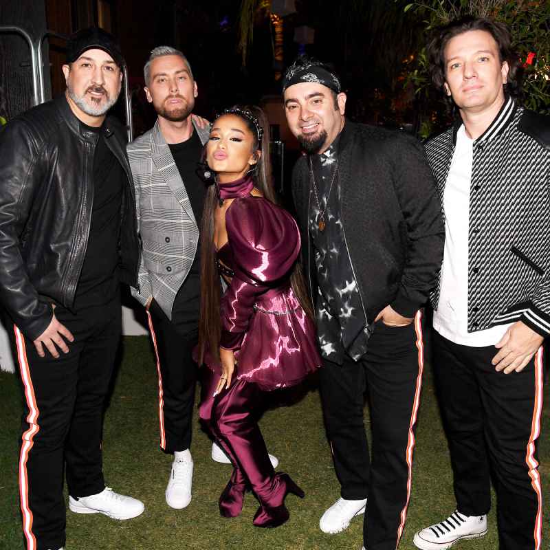 Ariana Grande (C) with members of NSYNC Joey Fatone, Lance Bass, Chris Kirkpatrick, and JC Chasez coachella fashion