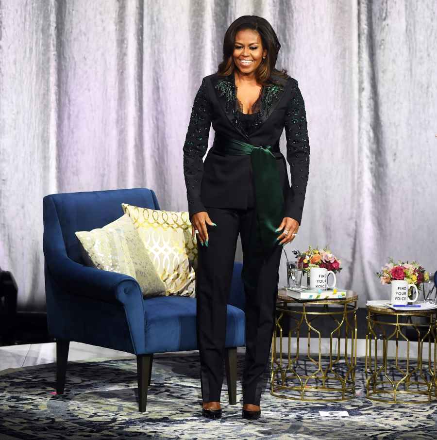 Michelle Obama becoming glitter pantsuit green norway