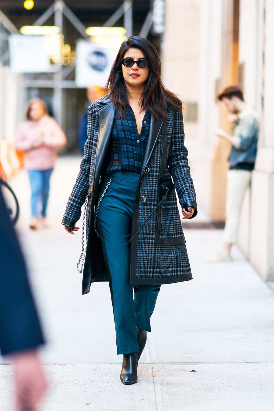 Priyanka Chopra blue plaid trench plaid shirt blue trousers pants