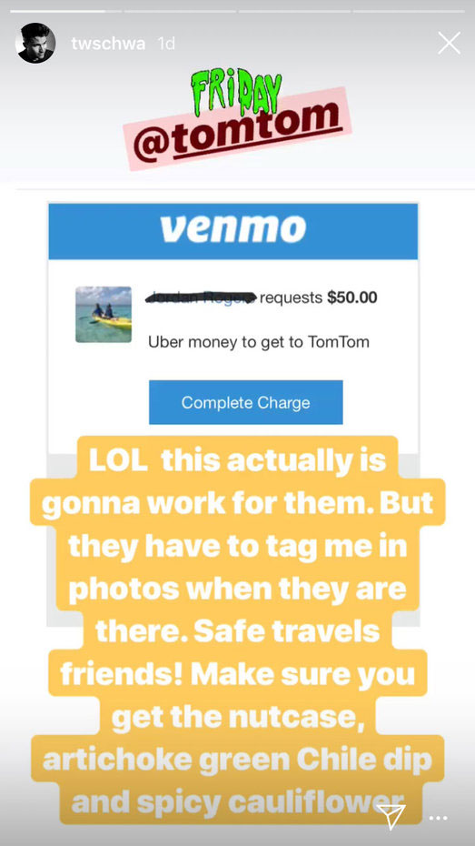 Tom Schwartz Paid for Fan's Uber to Tom Tom After Getting Venmo Request Instagram Story