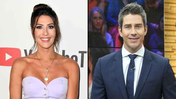 Becca Kufrin Holds A Leopard Purse Handbag and Arie Luyendyk Jr. Wears A Blue Tie and Blue Suit