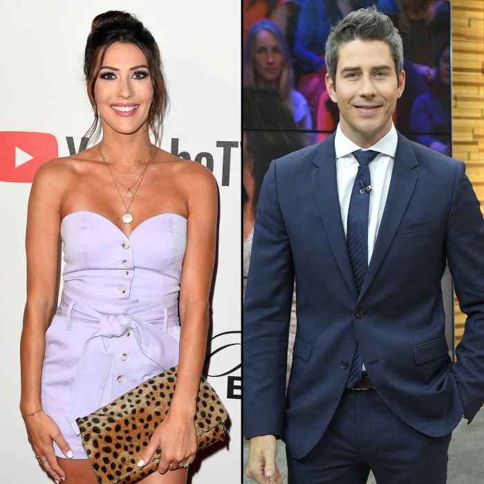 Becca Kufrin Holds A Leopard Purse Handbag and Arie Luyendyk Jr. Wears A Blue Tie and Blue Suit