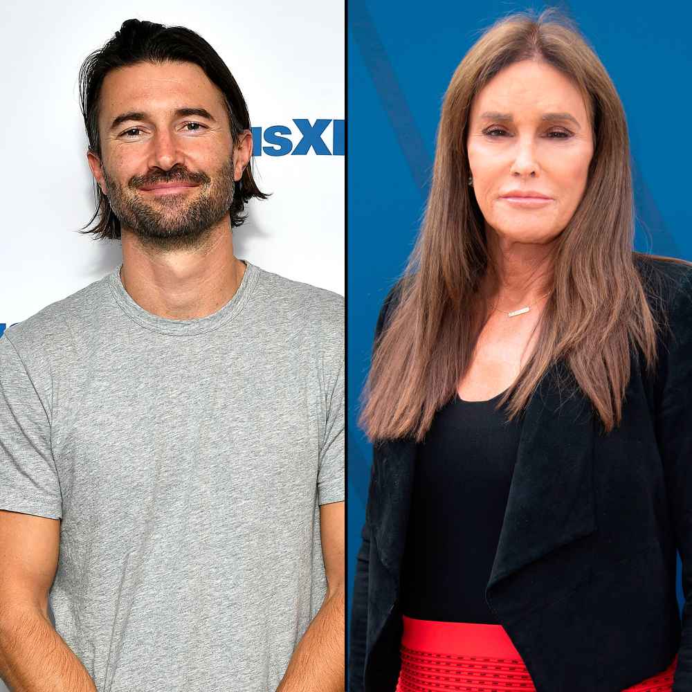 Brandon Jenner Wearing A Grey T Shirt Ashamed of Last Name and Caitlyn Jenner Wearing A Black Shirt and Jacket With Red Skirt