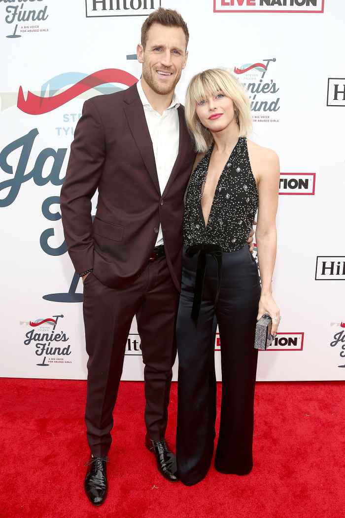 Brooks Laich Wears A Brown Suit and White Shirt and Julianne Hough
