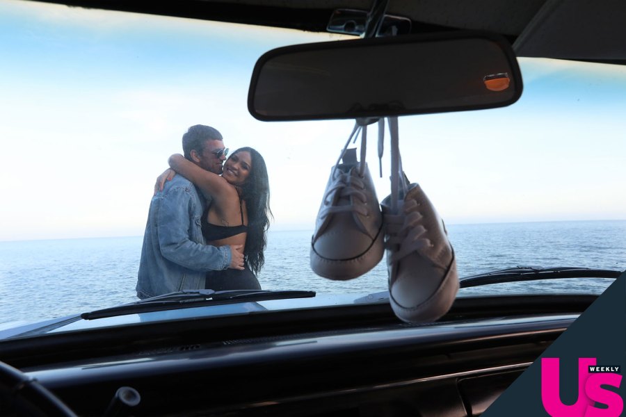 Cassie Expecting First Child With Boyfriend Alex Fine baby Shoes Hanging From Rear View Mirror Water Beach Exclusive