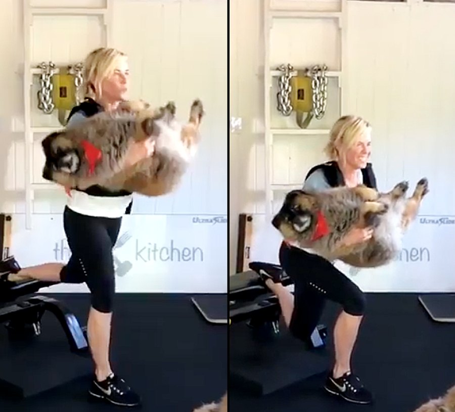 Chelsea Handler Curls Her Rescue Dog While Doing Lunges in Gym