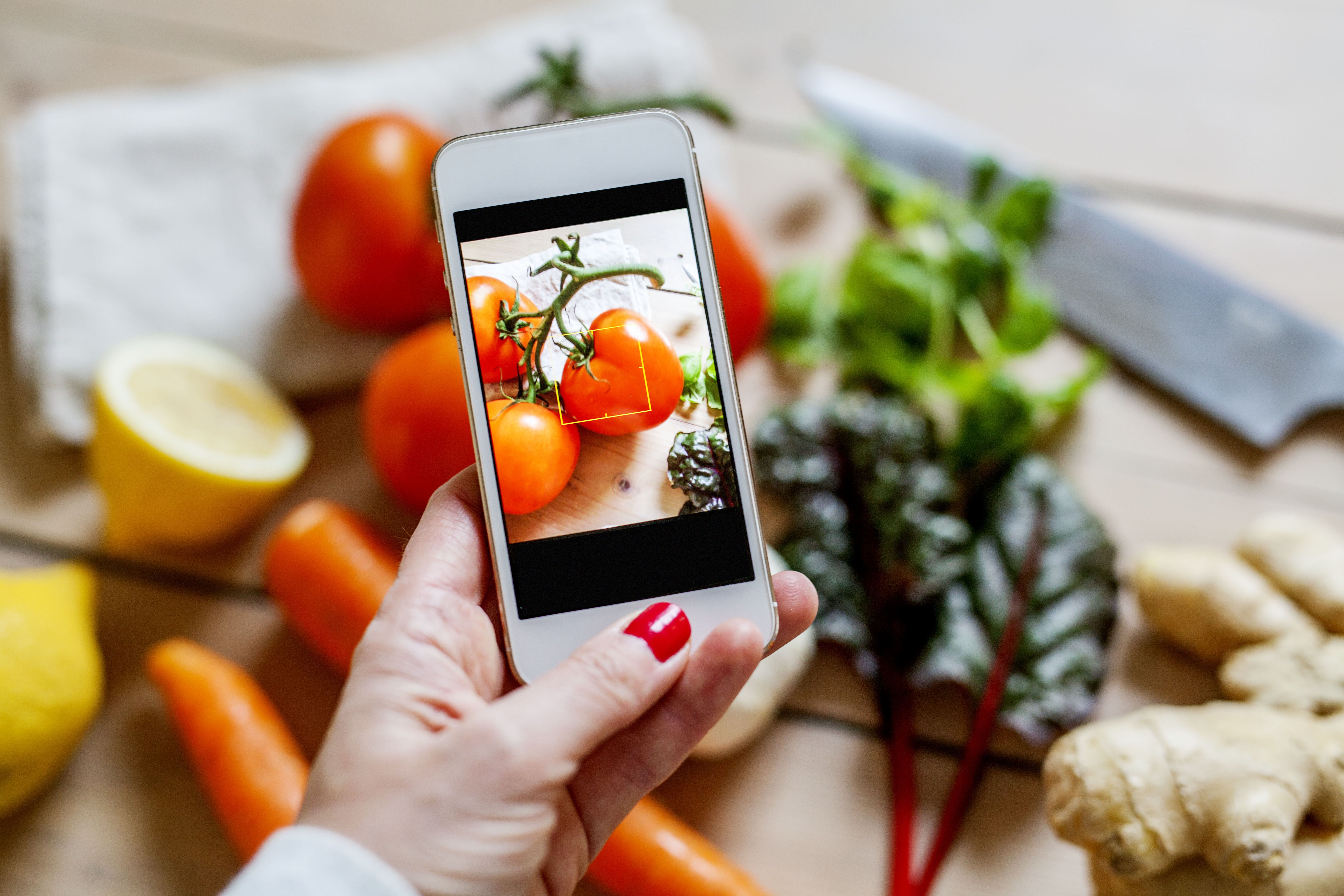 Woman photographing vegetables
