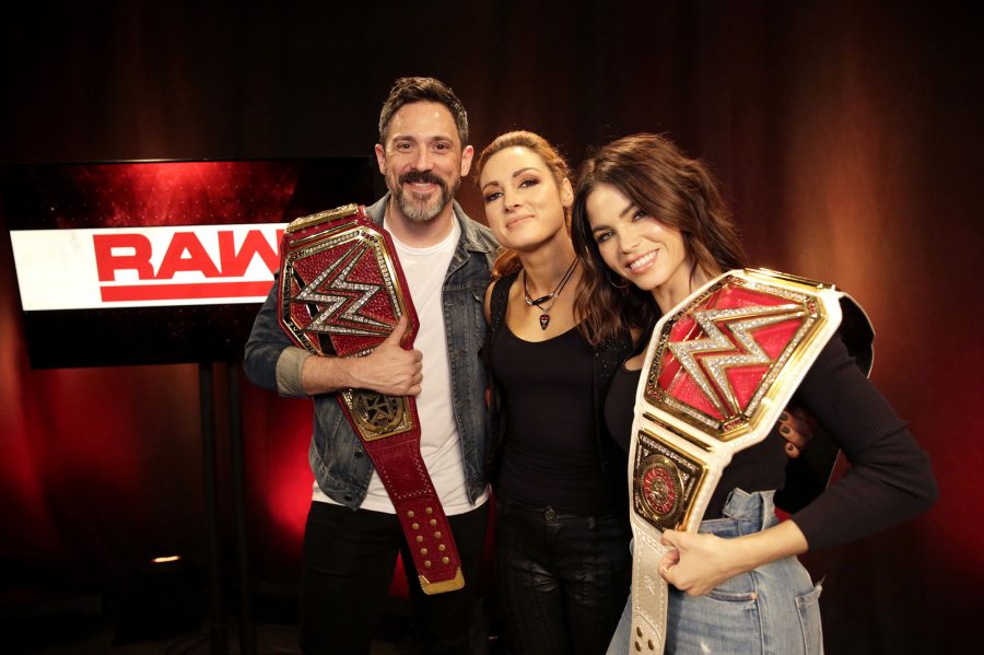 Jenna Dewan and Steve Kazee Pose With WWE Women's Raw Champion Becky Lynch Holding WWE Champion Belts on Monday NIght Raw