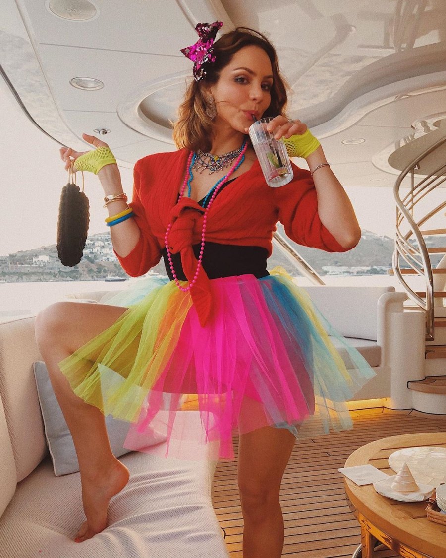 Katharine McPhee and David Foster Enjoy Pre-Wedding Vacation in Greece Mykonos Yacht Party 80s colorful outfit