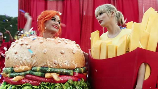 Katy Perry Dressed as a Hamburger and Taylor Swift Dressed as French Fries in the Video for You Need To Calm Down