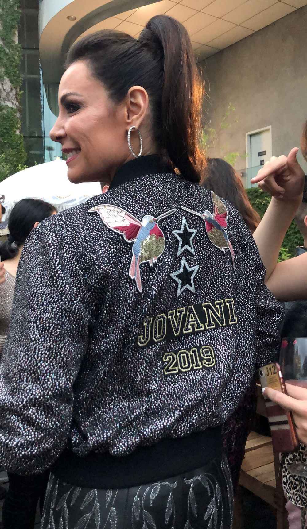 Luann de Lesseps Birds Jacket Jovani Ponytail Hoop Earrings