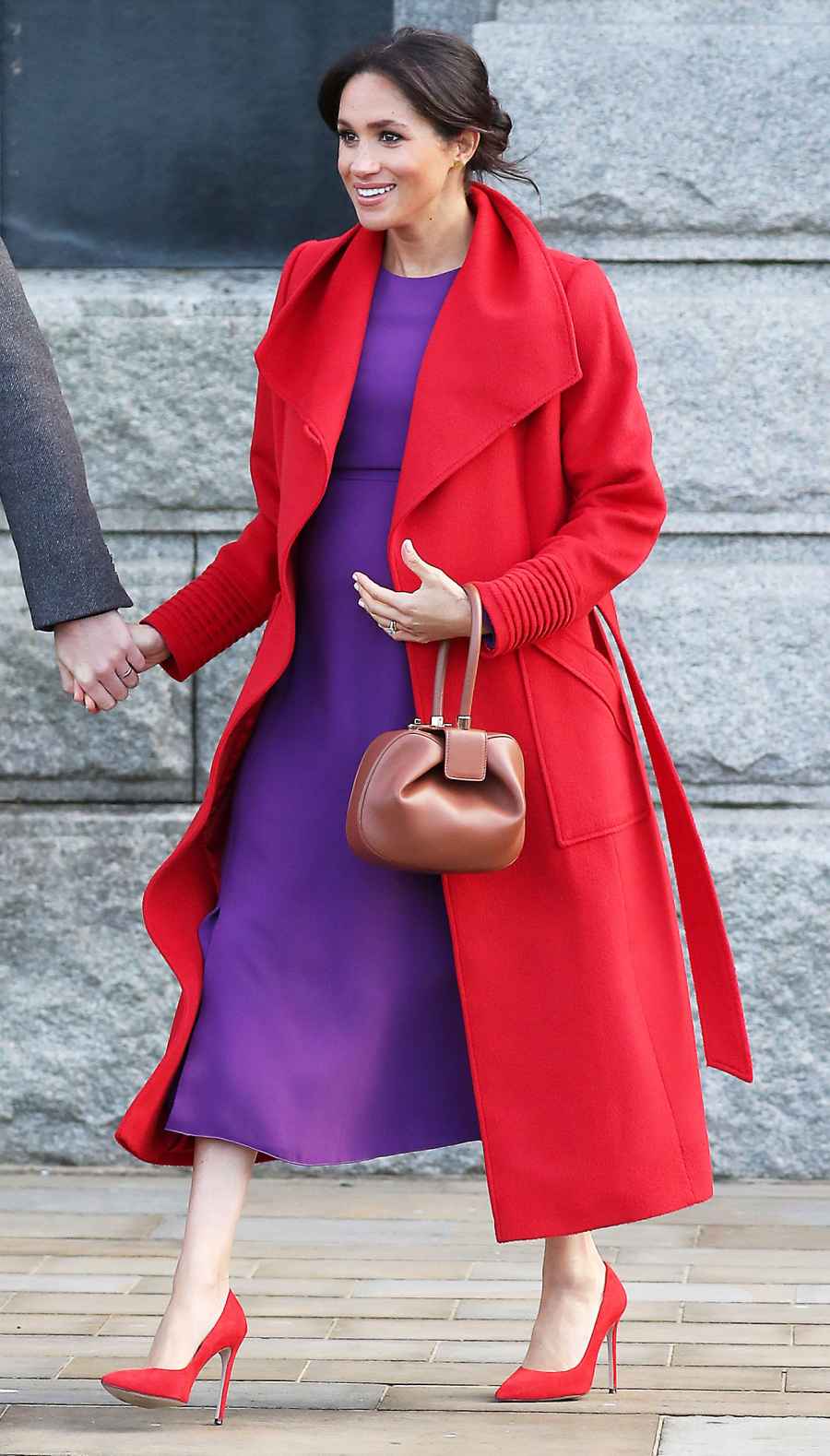 Meghan Markle Red Coat Purple Dress