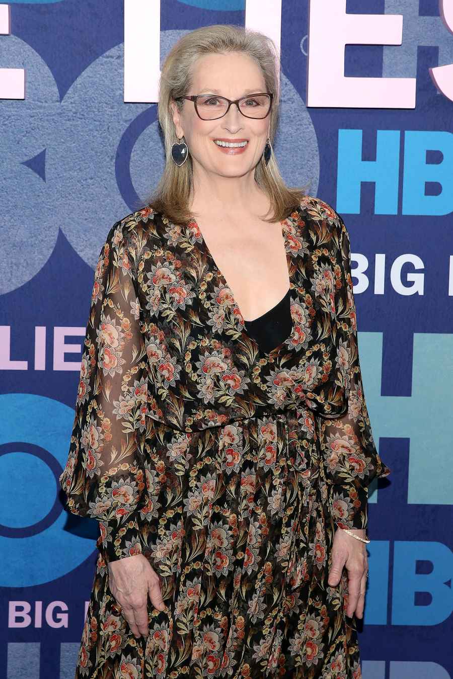 Meryl Streep Wearing Glasses and Heart Shaped Earrings Flower Dress
