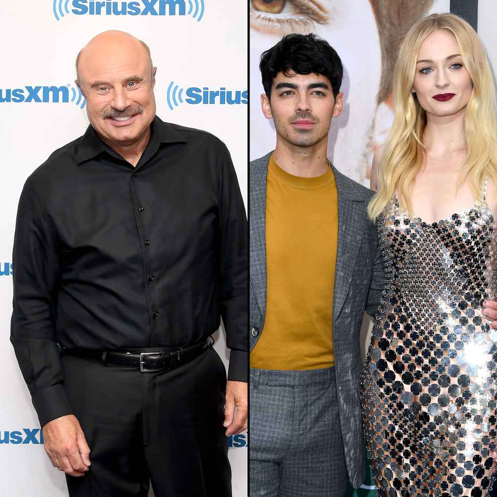 Dr. Phil McGraw Wearing All Black and Joe Jonas Wearing A Yellow Shirt with Grey Pants and Jacket and Sophie Turner Wearing A Sparkly Dress