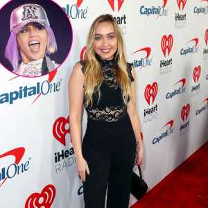 Miley Cyrus Silver Outfit and Hat With Letter A at Glastonbury Festival Brandi Cyrus on Red Carpet iHeartRadio Podcast Awards