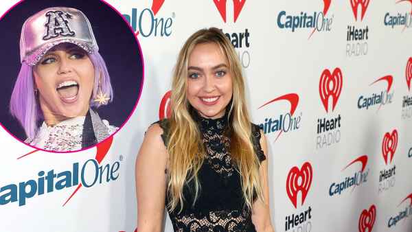 Miley Cyrus Silver Outfit and Hat With Letter A at Glastonbury Festival Brandi Cyrus on Red Carpet iHeartRadio Podcast Awards