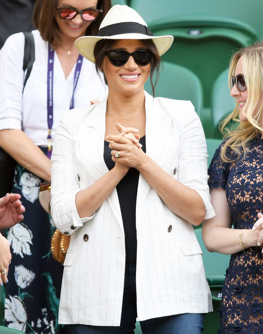 Duchess Meghan Wearing A Hat and Sunglasses and White Blazer Casual Chic on July 4th at Wimbledon
