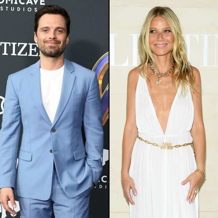 Sebastian Stan Light Blue Jacket and Pants with White Shirt and Gwyneth Paltrow White Low Cut Dress and Gold Belt