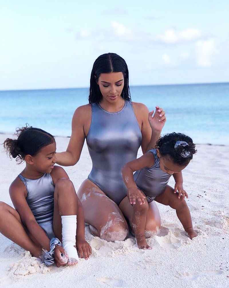 Kim Kardashian Twins With Daughters in Metallic Swimsuits