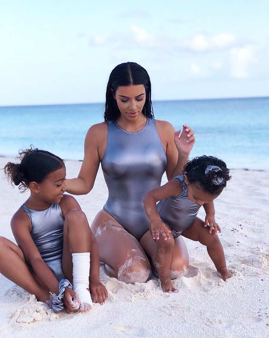 Kim Kardashian Twins With Daughters in Metallic Swimsuits