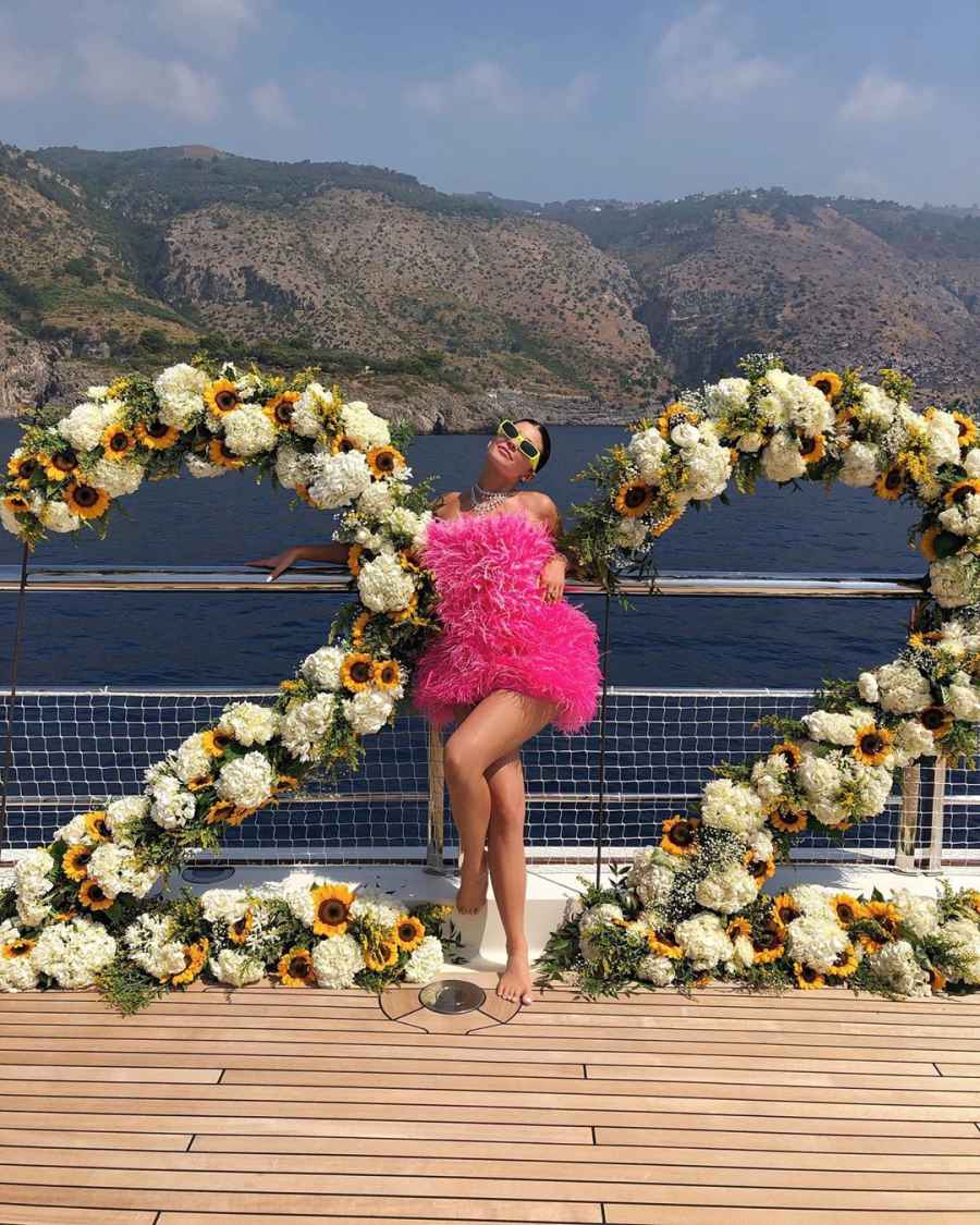 22 flowers and Pink Feather Dress Kylie Jenner Rings in Her 22nd Birthday With Shots, Exquisite Flowers and a Lavish Diamond Necklace From Travis Scott