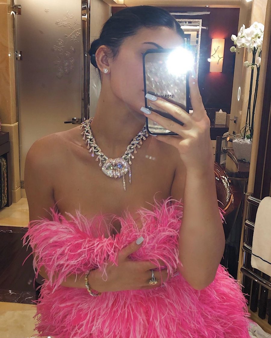 Diamonds and Pink feather dress Kylie Jenner Rings in Her 22nd Birthday With Shots, Exquisite Flowers and a Lavish Diamond Necklace From Travis Scott