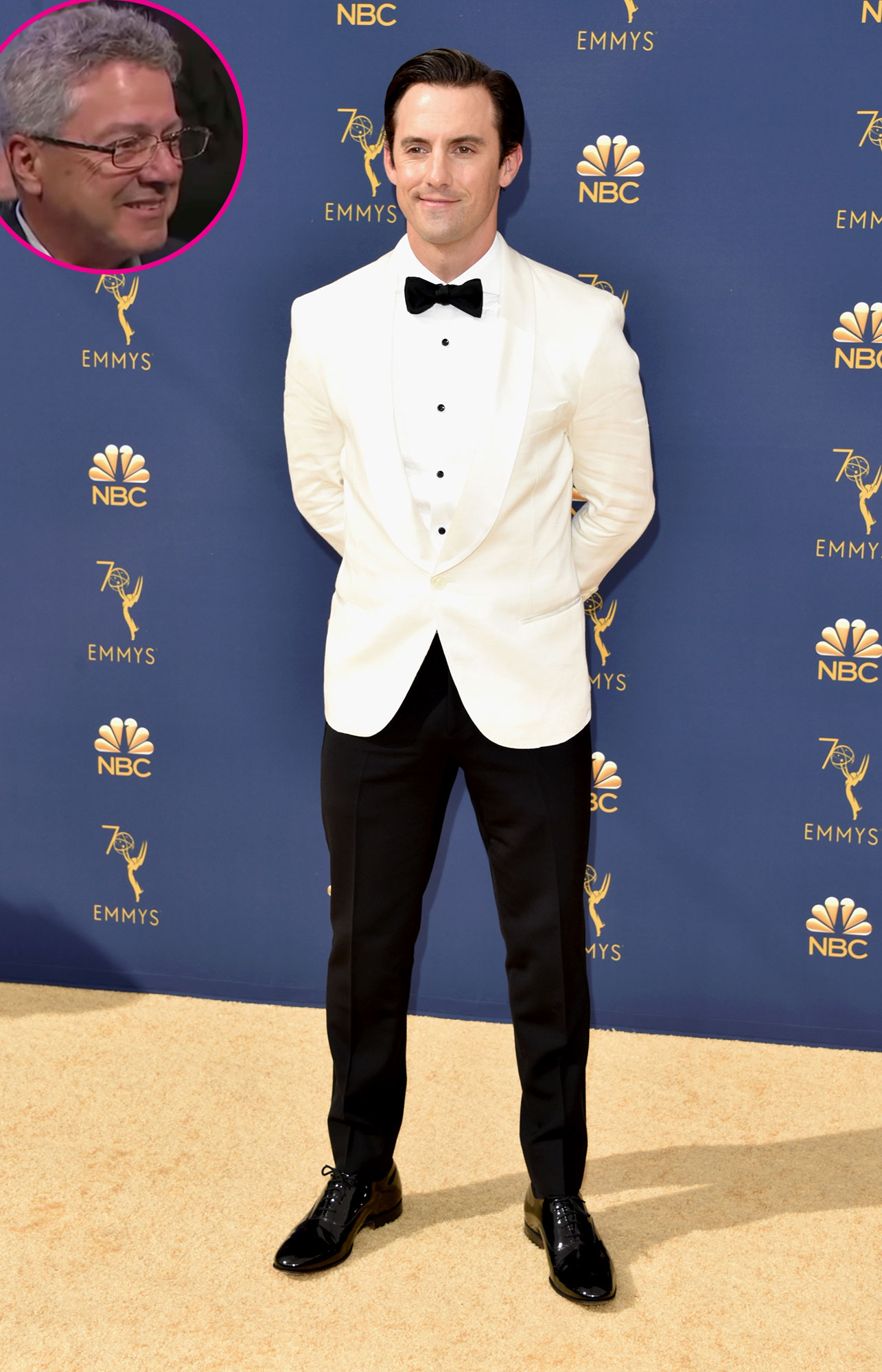 Milo Ventimiglia White Tux Black Pants Black Tie Father From Jimmy Kimmel Live