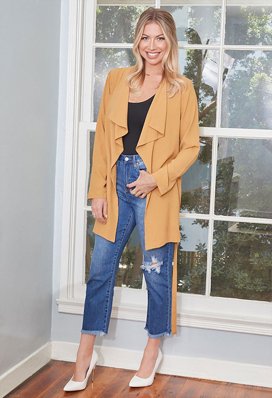 Stassi Schroeder x JustFab Collection - Drape Front Trench, Distressed Boyfriend Jeans with the Georgine Pump
