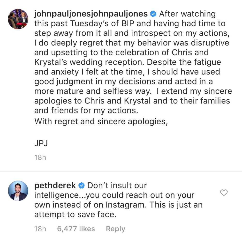 Bachelor in Paradise’s Derek Peth Slams John Paul Jones’ ‘Attempt to Save Face’ With Public Apology to Chris Randone and Krystal Nielson