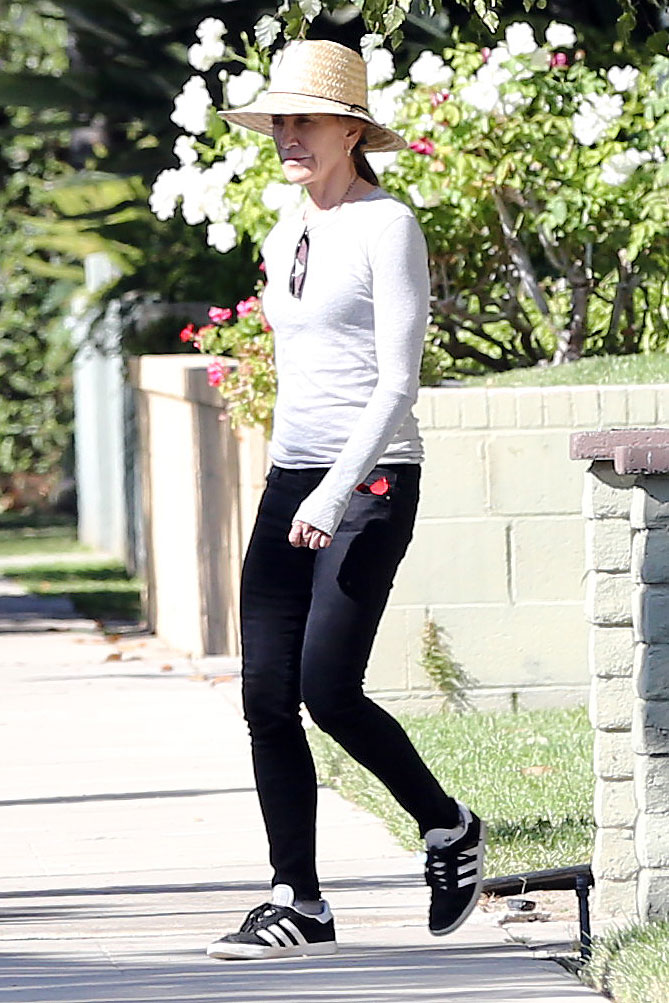 Felicity Huffman Spotted for the First Time Since Being Sentenced to Prison in College Admissions Case Sun Hat Sunglasses Adidas Sneakers
