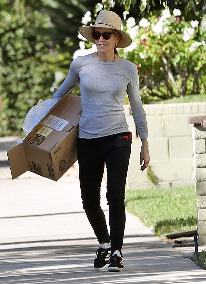 Felicity Huffman Spotted for the First Time Since Being Sentenced to Prison in College Admissions Case Sun Hat Sunglasses Box Adidas Sneakers