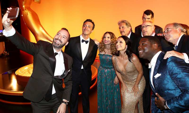 Tony Hale and Julia Louis-Dreyfus take a selfie with the cast of VEEP Inside Emmys 2019