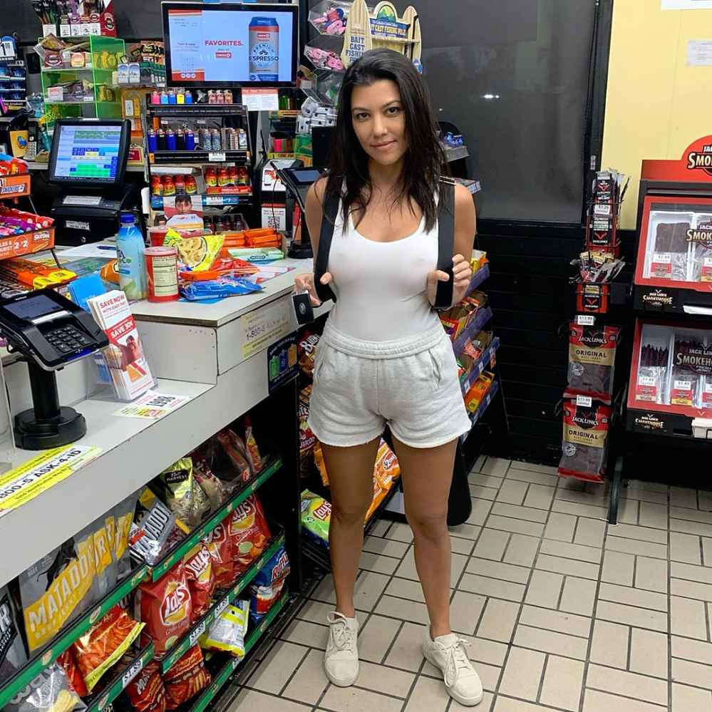 Kourtney Kardashian Clap Back Instagram Convenience Store Gas Station Checkout White Shirt Shorts Tennis Sneakers