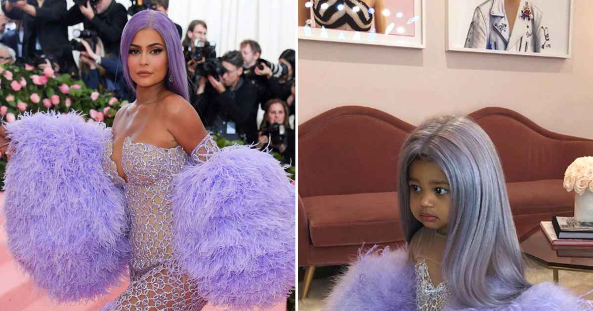 stormi purple dress Kylie Jenner Dressed Stormi Up In A Tiny Version Of Her Met Gala Look Purple Wig & All