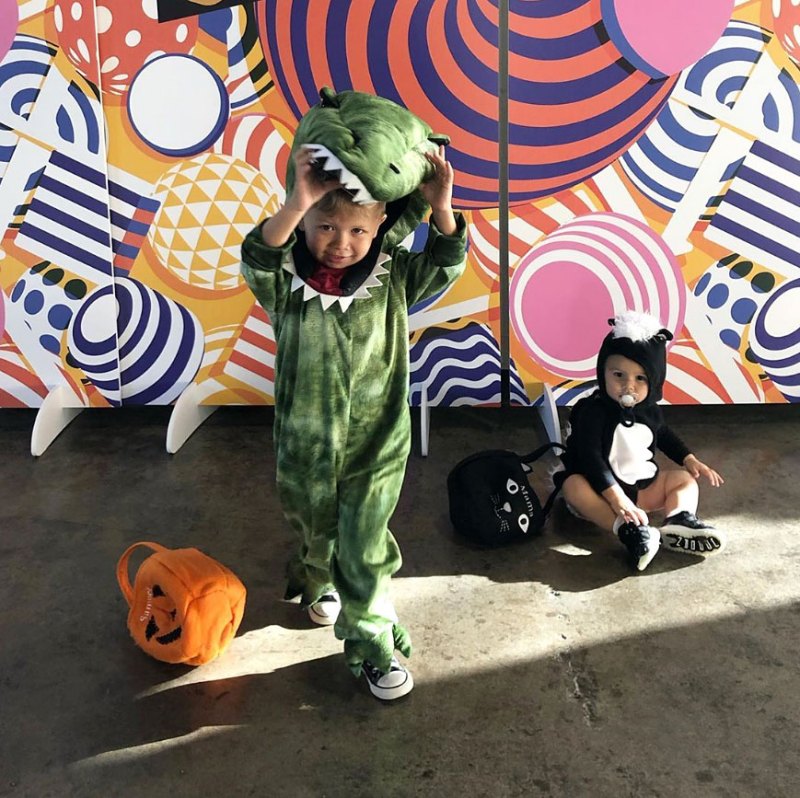 Samuel and Isaiah Lowe Catherine Giudici Lowe Instagram Halloween Costume Dinosaur Skunk