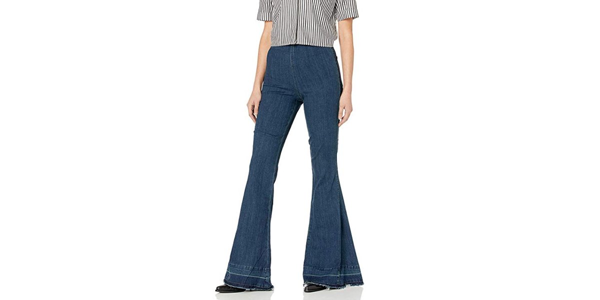Show Me Your Mumu Women's Berkeley Bell Bottom Jeans - Pinstripe, High Waist, Raw Hem