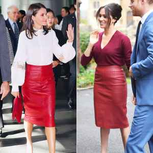 WWIB Queen Letizia vs. Duchess Meghan Same Red Skirt