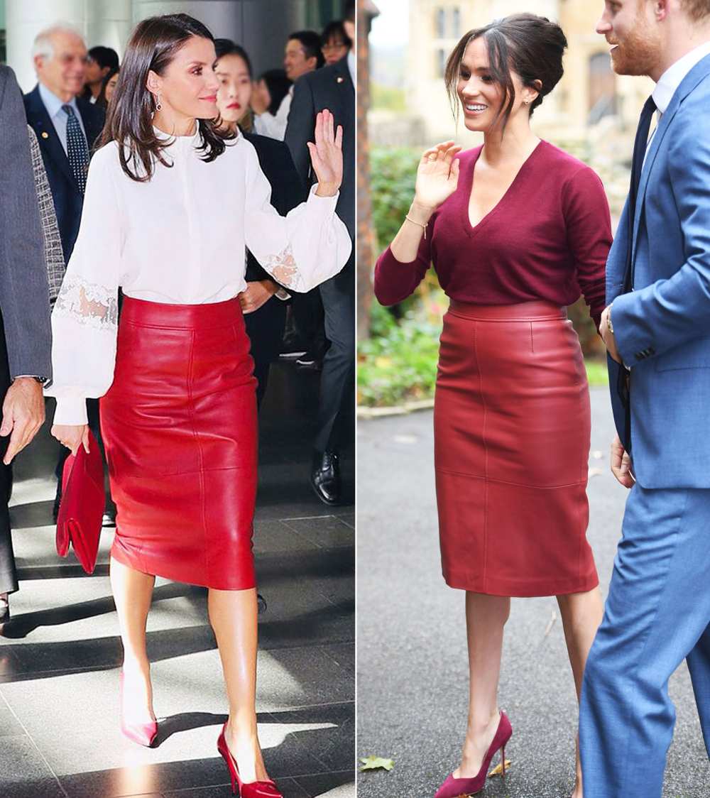 WWIB Queen Letizia vs. Duchess Meghan Same Red Skirt