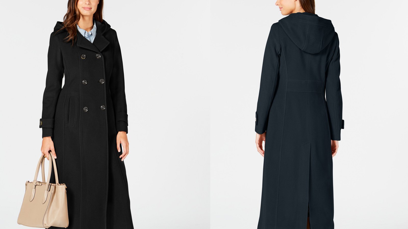 Anne Klein Double-Breasted Hooded Coat (Black/Navy)