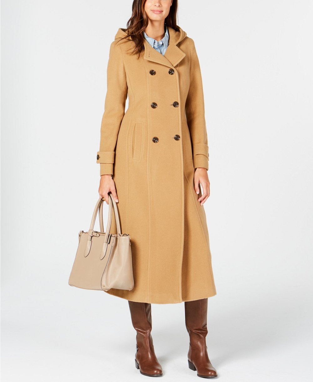 Anne Klein Double-Breasted Hooded Coat (Camel)
