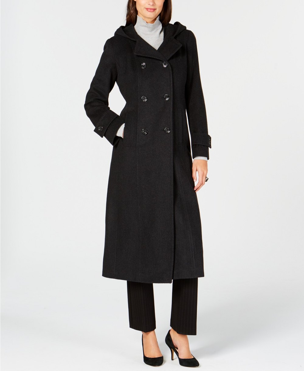 Anne Klein Double-Breasted Hooded Coat (Charcoal)