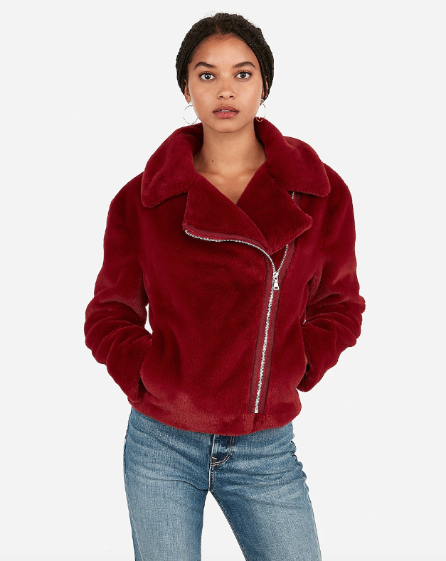 Asymmetrical Zip Faux Fur Moto Jacket (Dark Red)