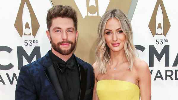 Chris Lane and Lauren Lane 2019 CMA Awards Arrival Red Carpet Yellow Dress