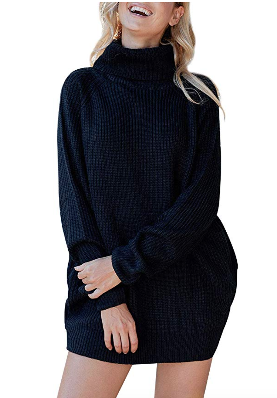 Pink Queen Women's Loose Oversize Turtleneck Sweater Dress (Black)