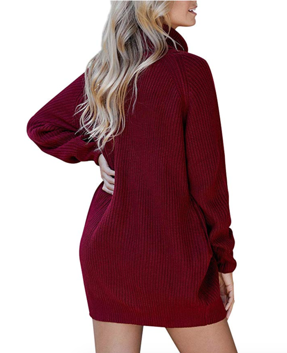 Pink Queen Women's Loose Oversize Turtleneck Sweater Dress (Wine Red)