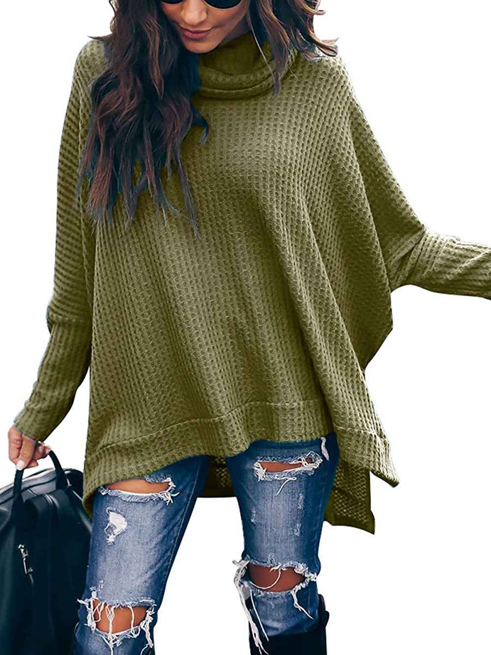 Caracilia Turtle Cowl NeckWaffle Knit Pullover Sweater